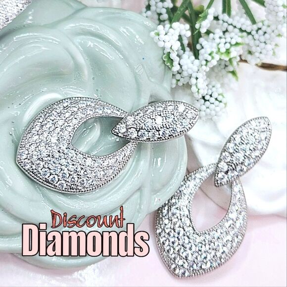 Dainty White Baguette Diamond Dangle Earrings 925 Silver - Picture 1 of 9